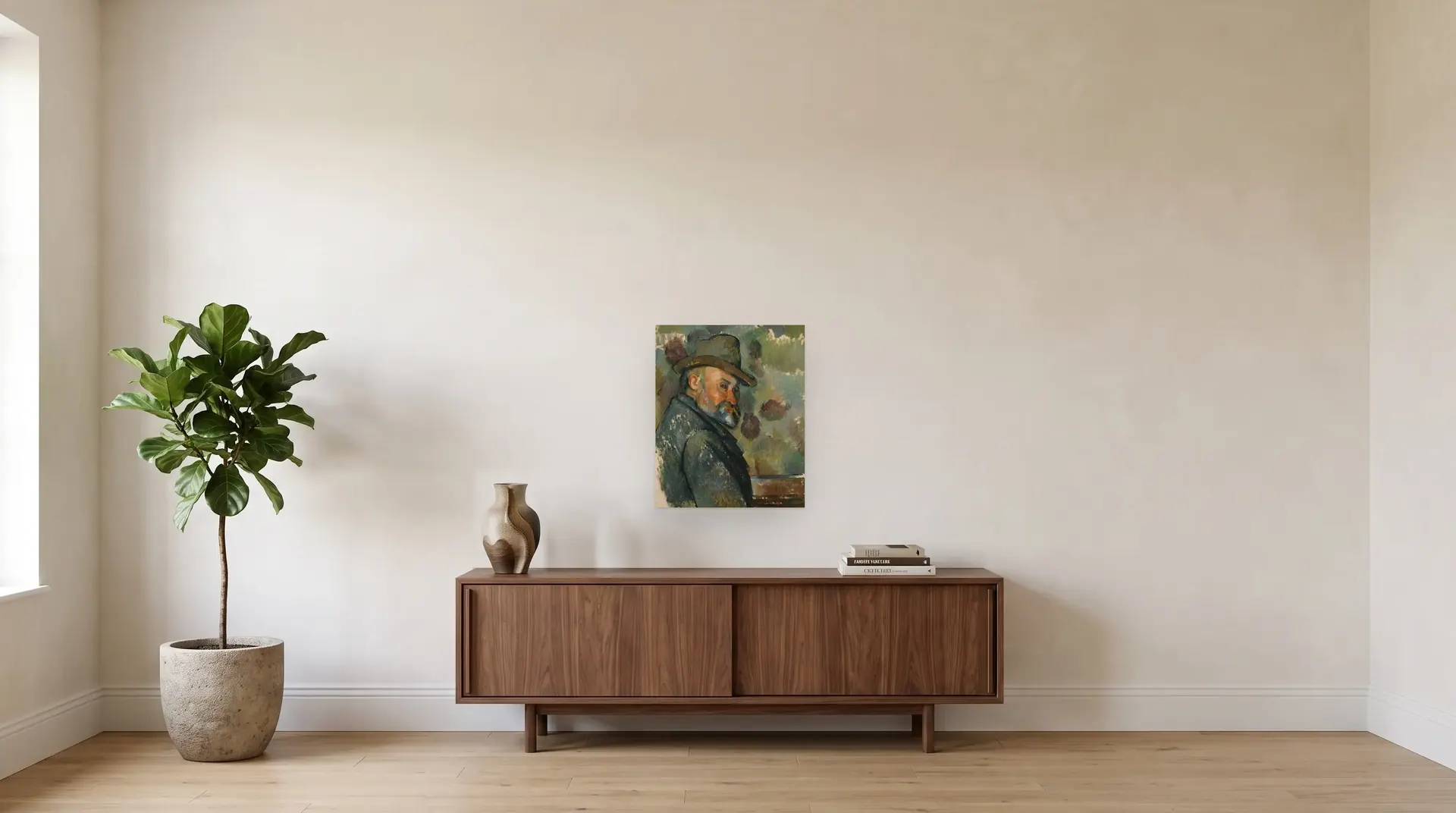 Self-portrait in a Soft Hat by Paul Cézanne shown at its true size, 19½" × 24", over a 72" sideboard