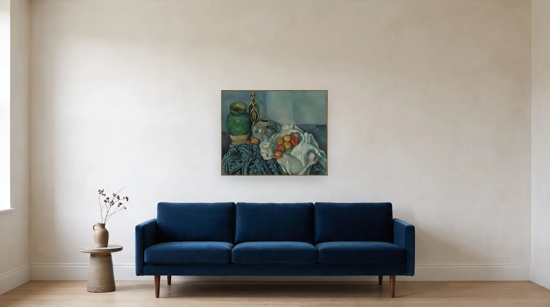 Still Life with Apples by Paul Cézanne shown at its true size, 32" × 25½", over an 84" sofa