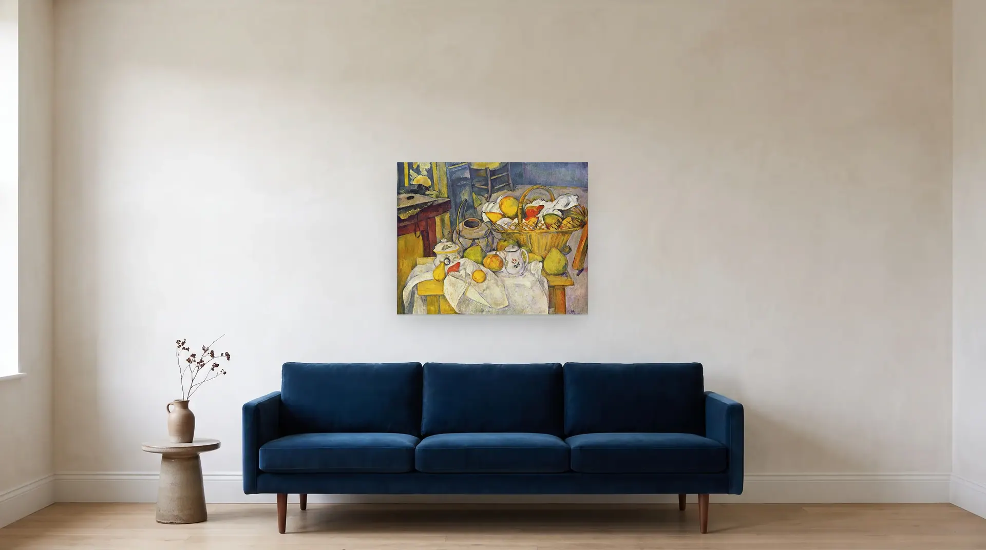 Still life with fruit basket by Paul Cézanne shown at its true size, 32" × 25½", over an 84" sofa