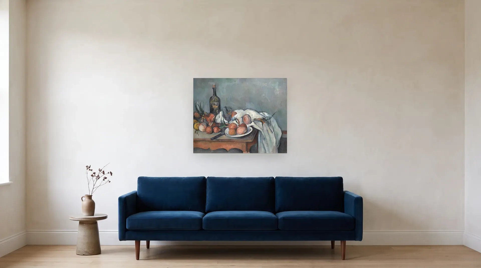 Still Life with Onions by Paul Cézanne shown at its true size, 32½" × 26", over an 84" sofa