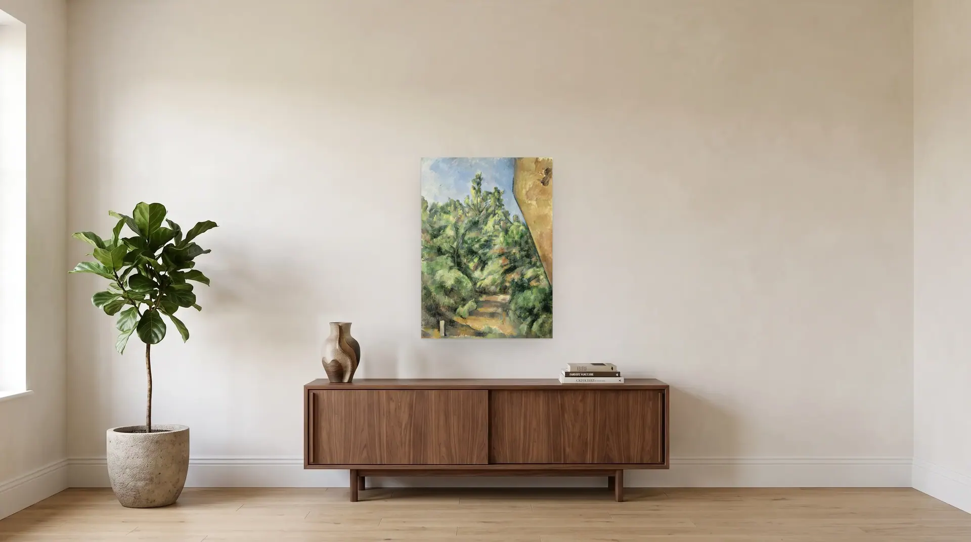 The Red Rock by Paul Cézanne shown at its true size, 26" × 36", over a 72" sideboard