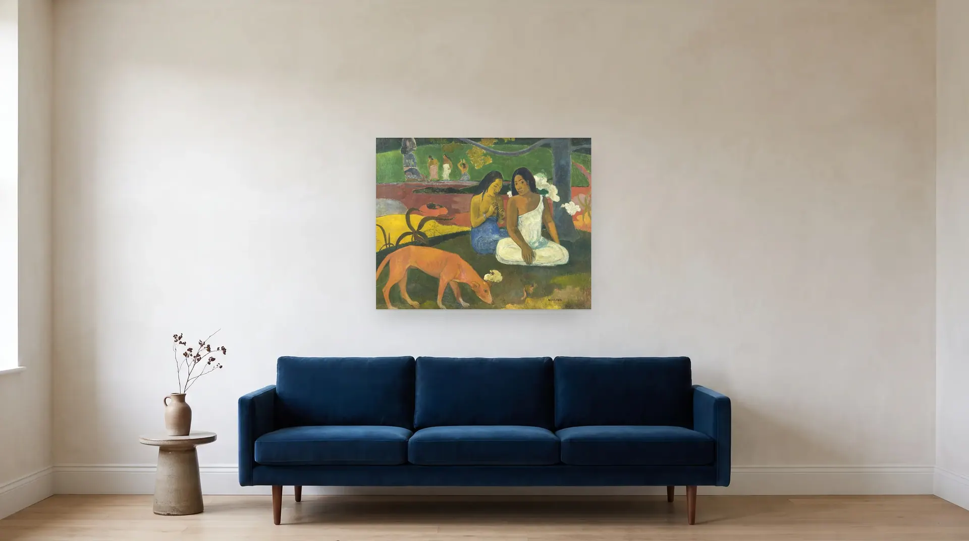 Arearea by Paul Gauguin shown at its true size, 37" × 29½", over an 84" sofa