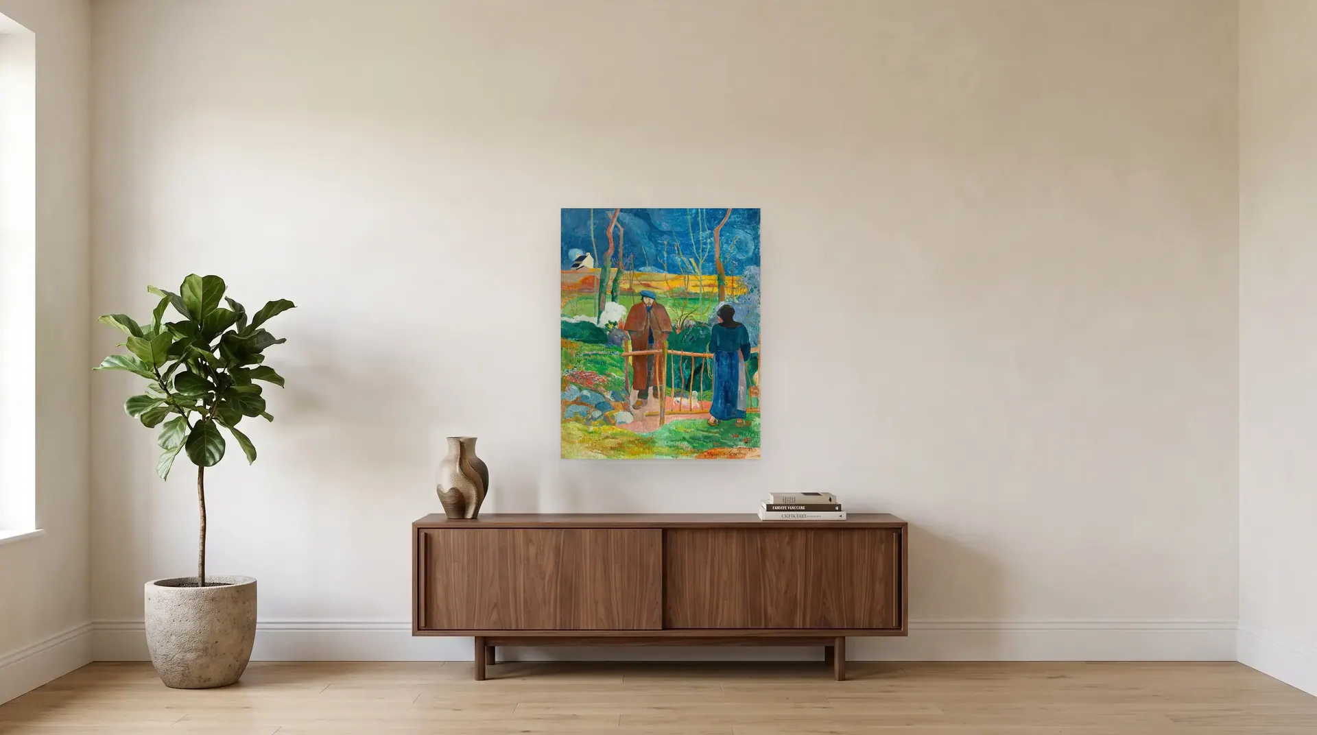 Bonjour Monsieur Gauguin by Paul Gauguin shown at its true size, 29" × 36½", over a 72" sideboard