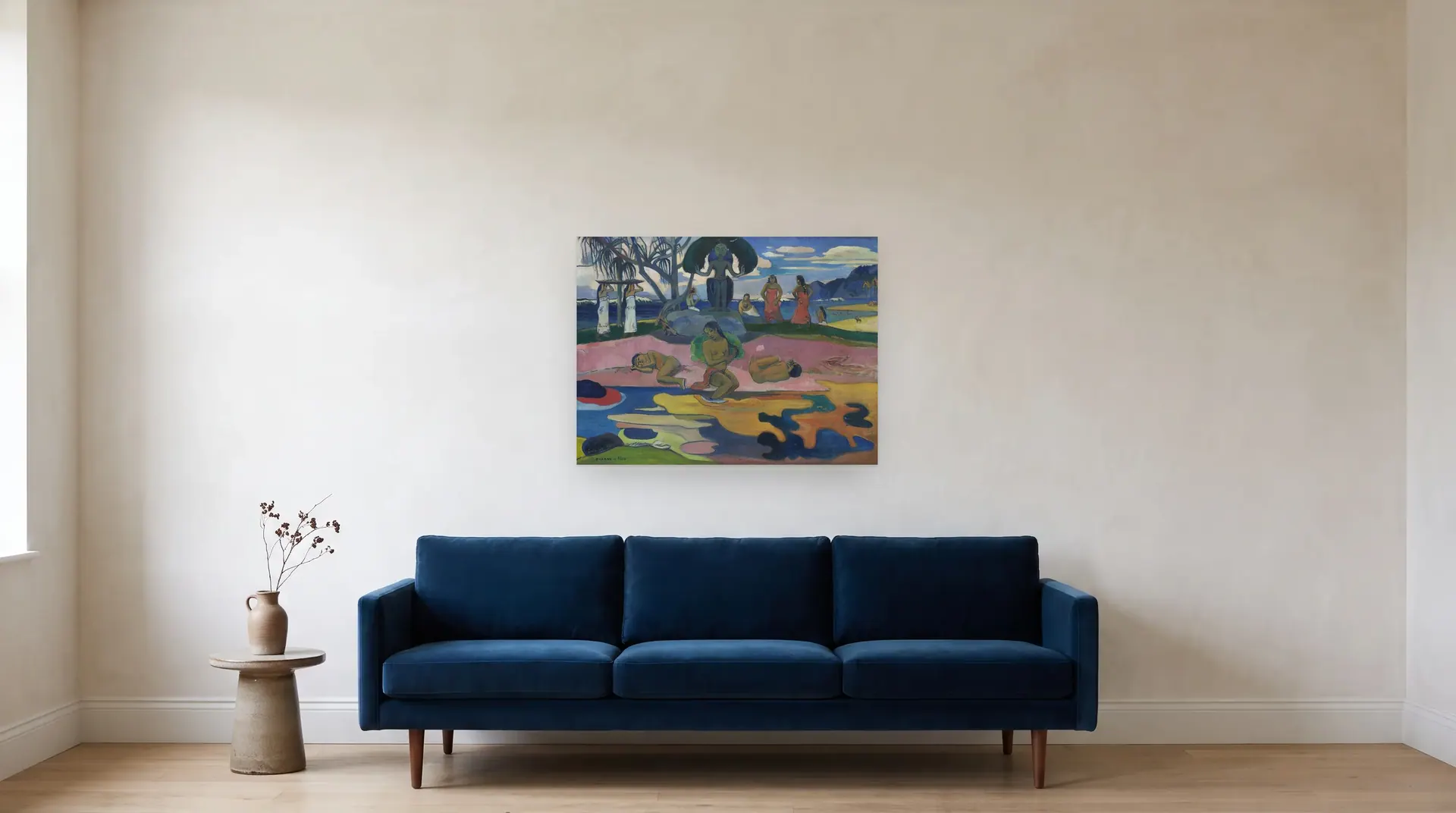 Day of the God (Mahana no Atua) by Paul Gauguin shown at its true size, 34½" × 26", over an 84" sofa