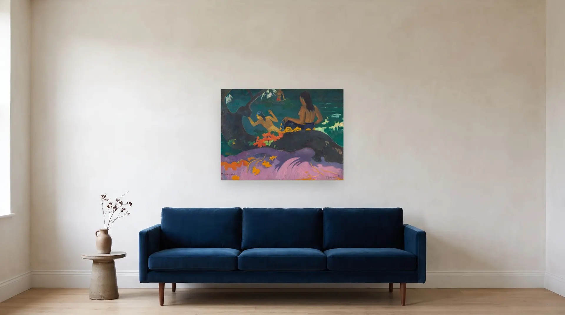 Fatata te Miti (By the Sea) by Paul Gauguin shown at its true size, 36" × 26½", over an 84" sofa
