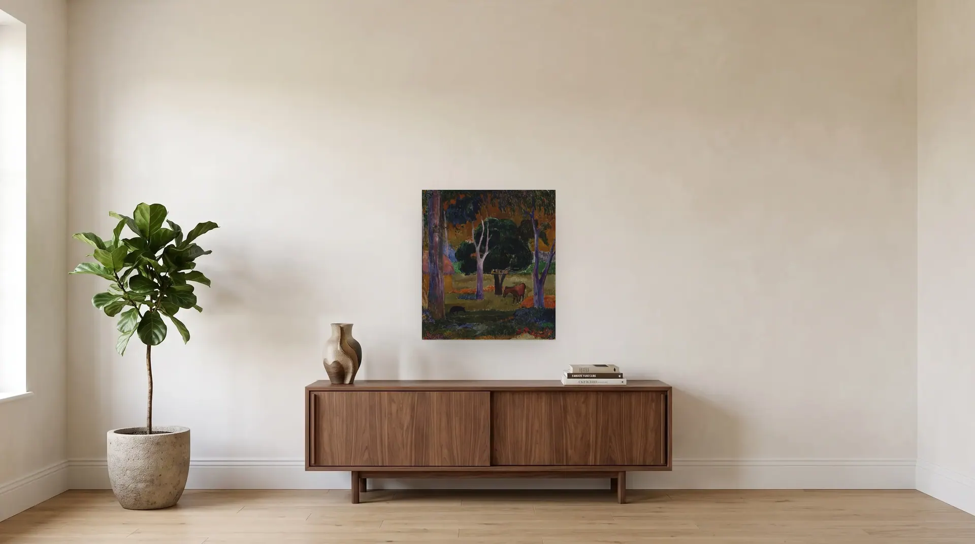 Hiva Oa by Paul Gauguin shown at its true size, 26½" × 29½", over a 72" sideboard