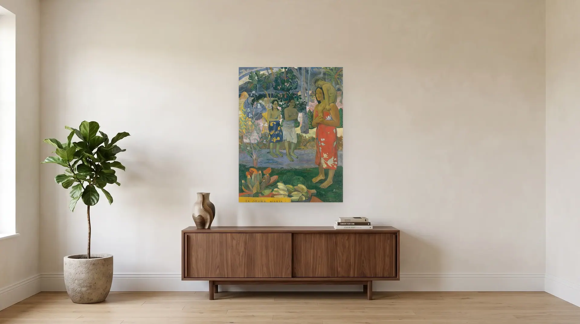 Ia Orana Maria by Paul Gauguin shown at its true size, 34½" × 45", over a 72" sideboard