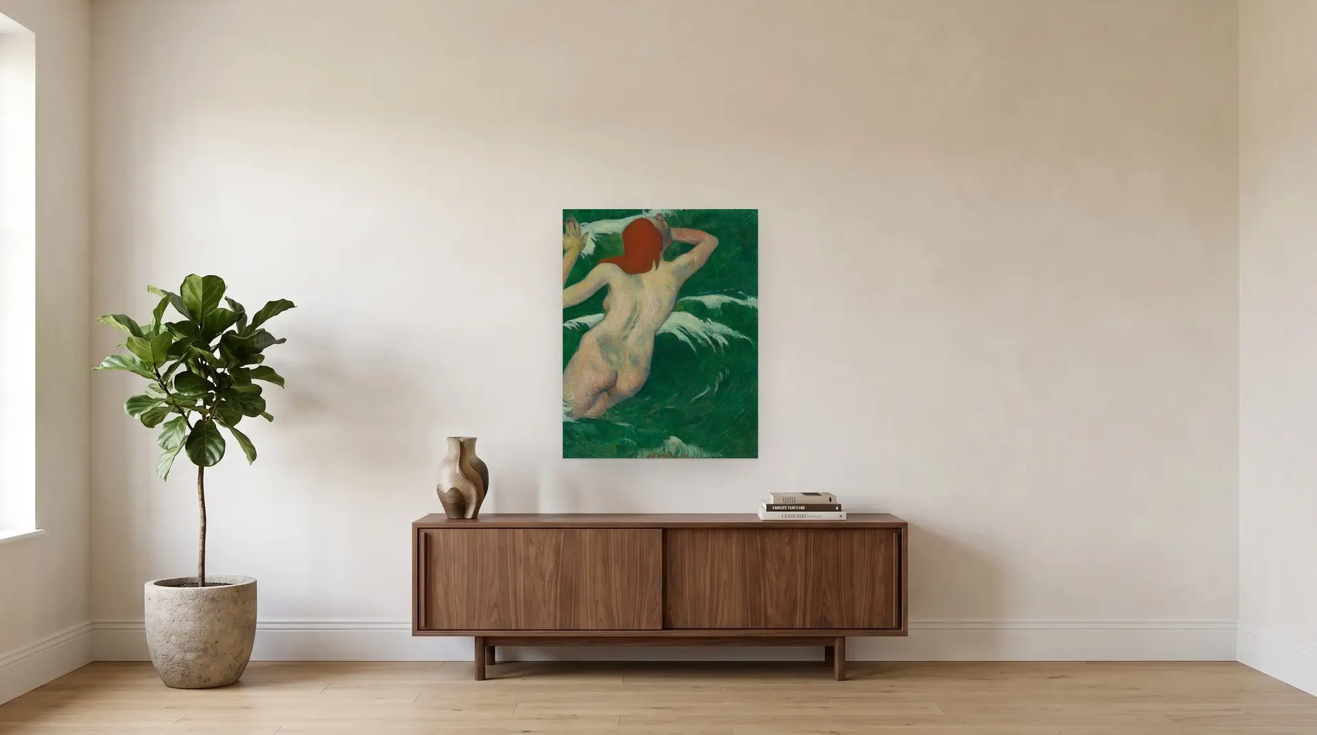 In the Waves (Dans les Vagues) by Paul Gauguin shown at its true size, 28½" × 36½", over a 72" sideboard