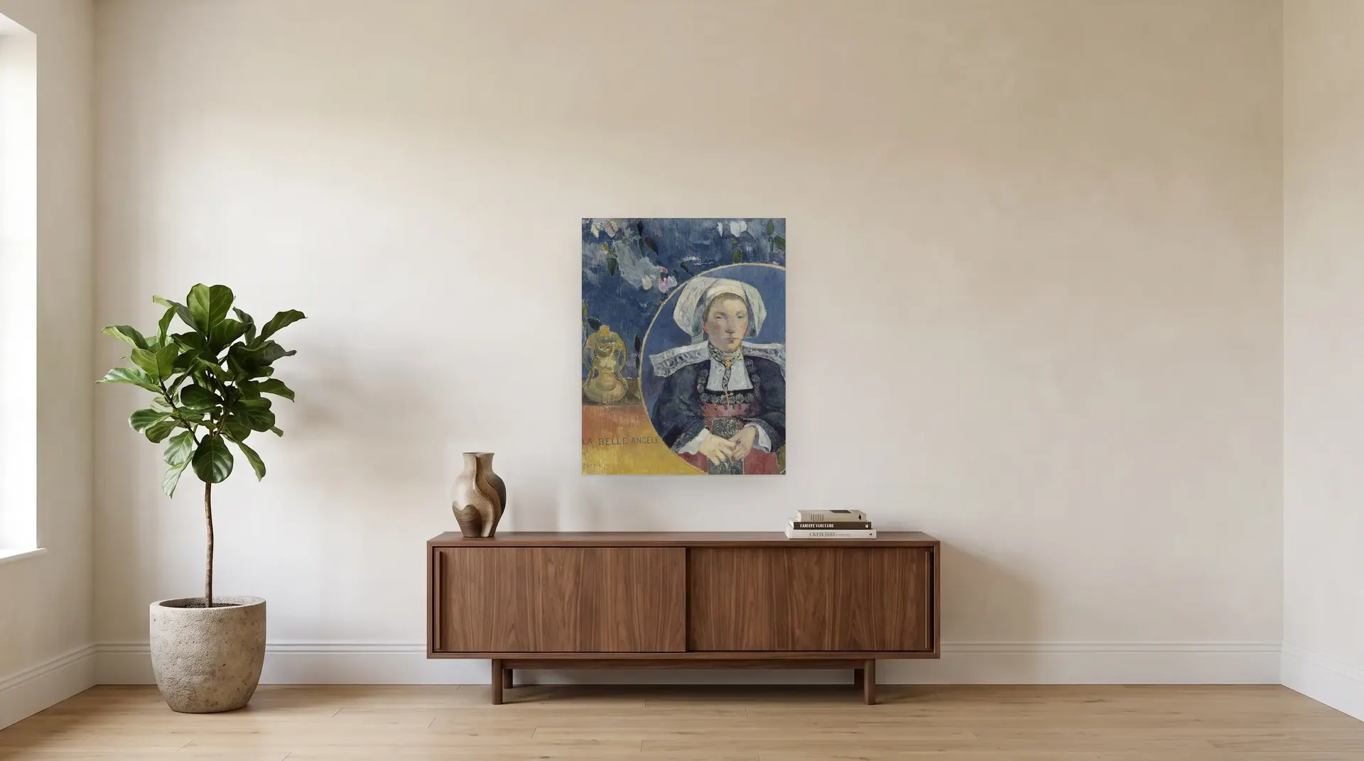La belle Angèle by Paul Gauguin shown at its true size, 28½" × 36", over a 72" sideboard