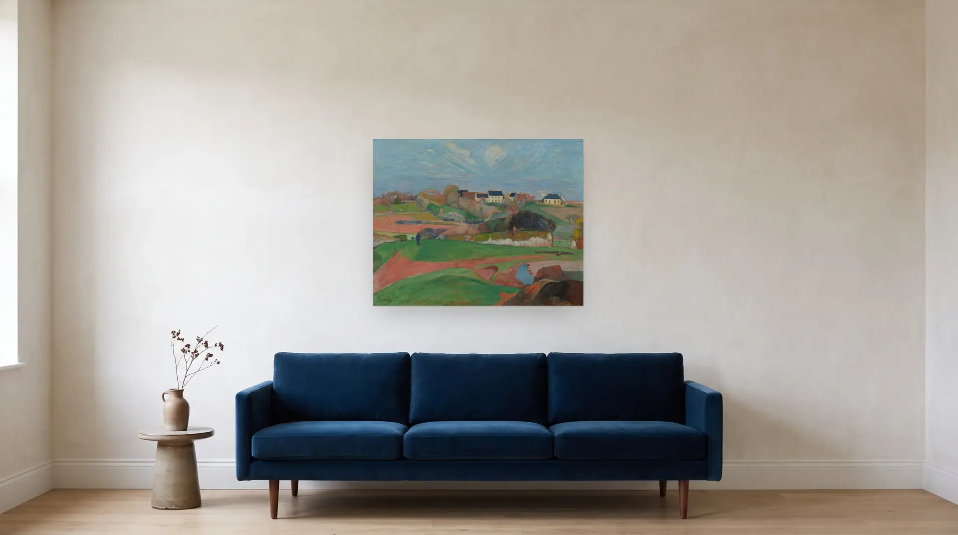 Landscape at Le Pouldu by Paul Gauguin shown at its true size, 36½" × 29", over an 84" sofa