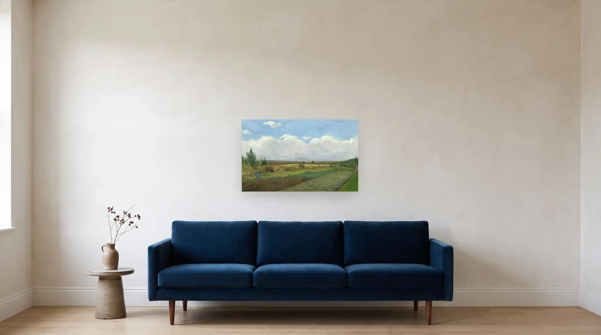 Landscape by Paul Gauguin shown at its true size, 32" × 20", over an 84" sofa