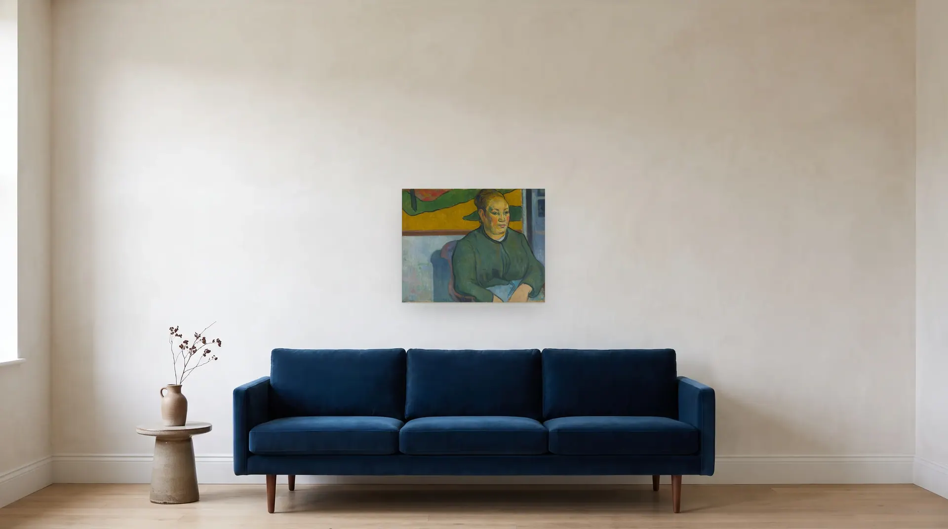 Madame Roulin by Paul Gauguin shown at its true size, 25" × 20", over an 84" sofa