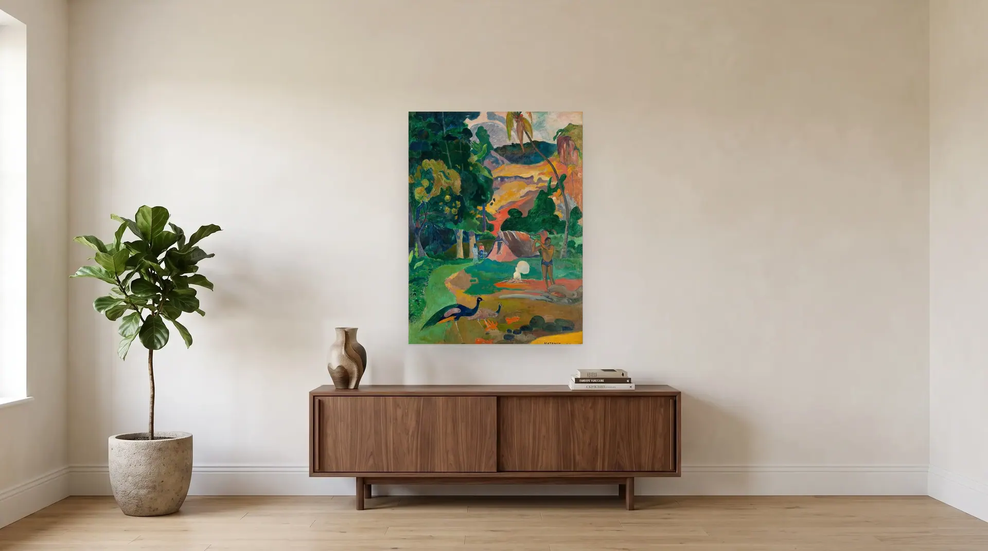 Matamoe (Death), Landscape with Peacocks by Paul Gauguin shown at its true size, 34" × 45½", over a 72" sideboard