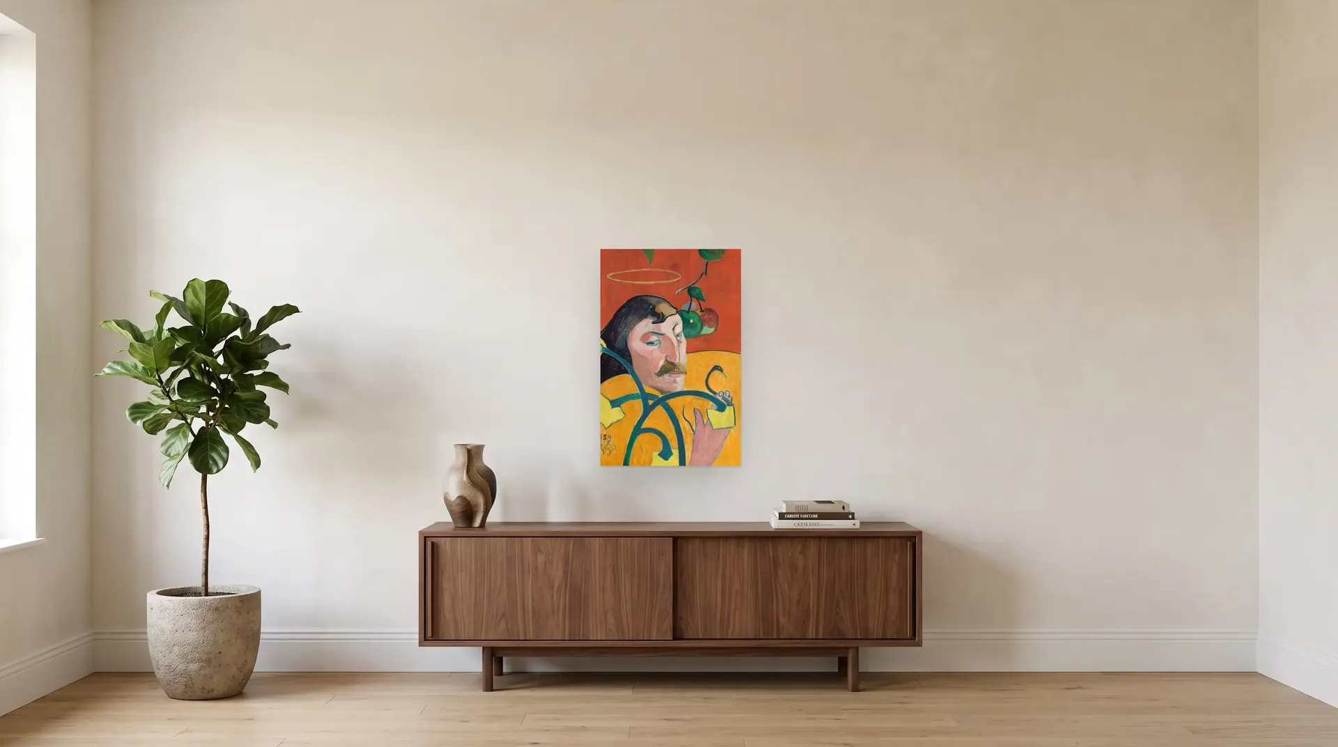 Self-Portrait by Paul Gauguin shown at its true size, 20" × 31", over a 72" sideboard