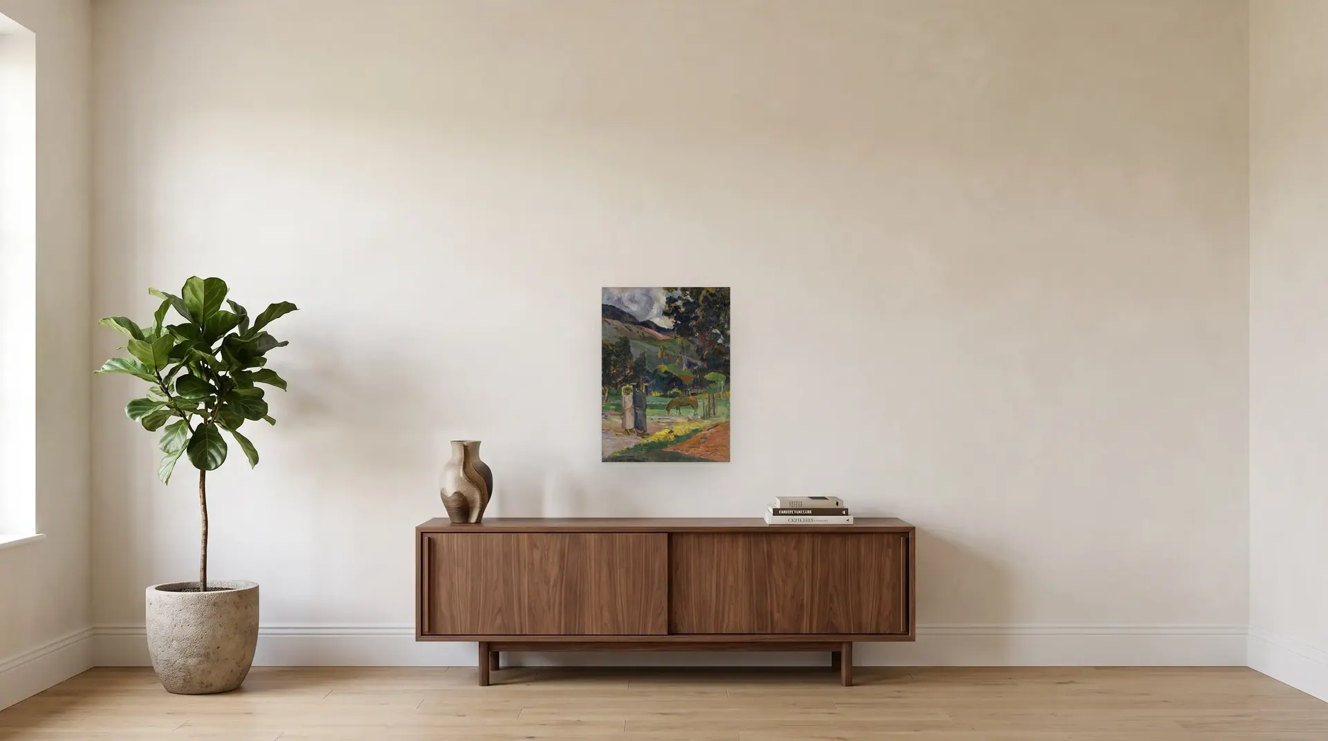 Tahitian Landscape by Paul Gauguin shown at its true size, 18½" × 25½", over a 72" sideboard