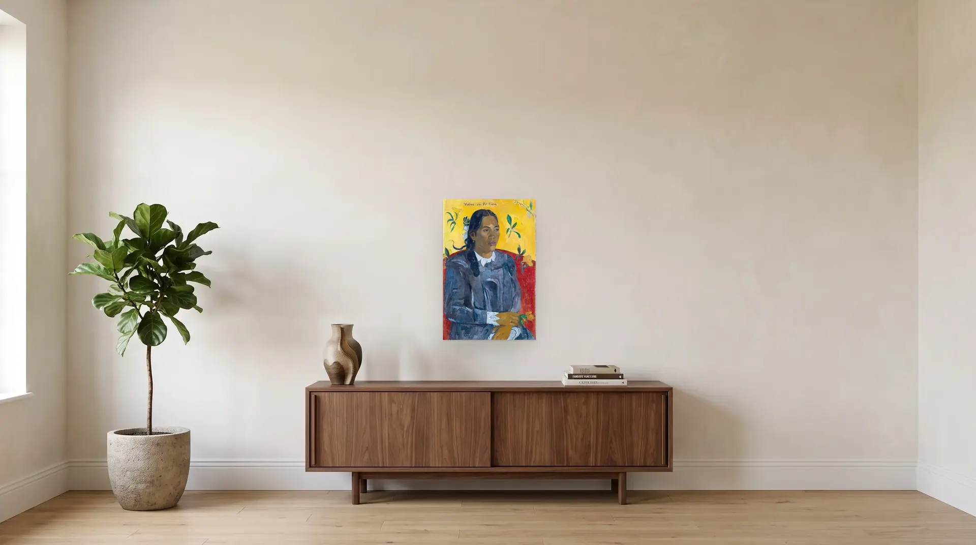 Tahitian Woman with a Flower by Paul Gauguin shown at its true size, 18½" × 28", over a 72" sideboard