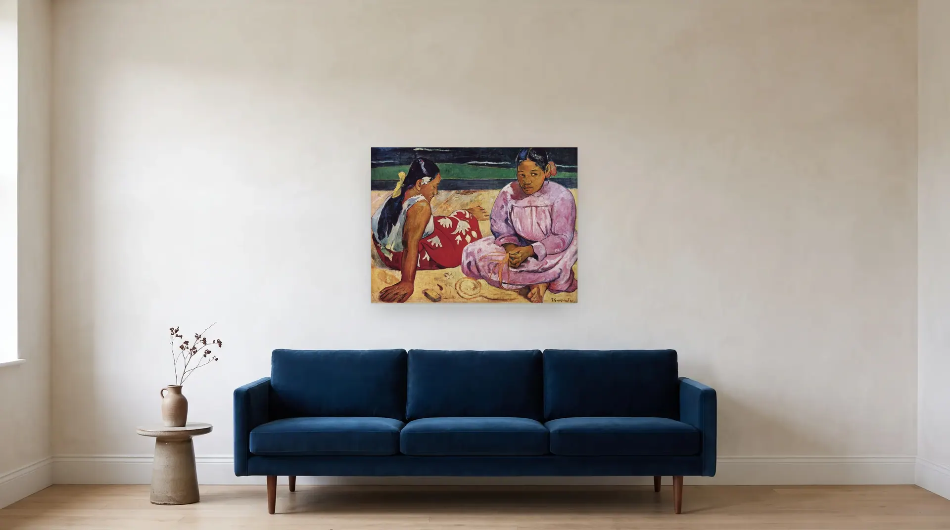 Tahitian Women on the Beach by Paul Gauguin shown at its true size, 36" × 27", over an 84" sofa