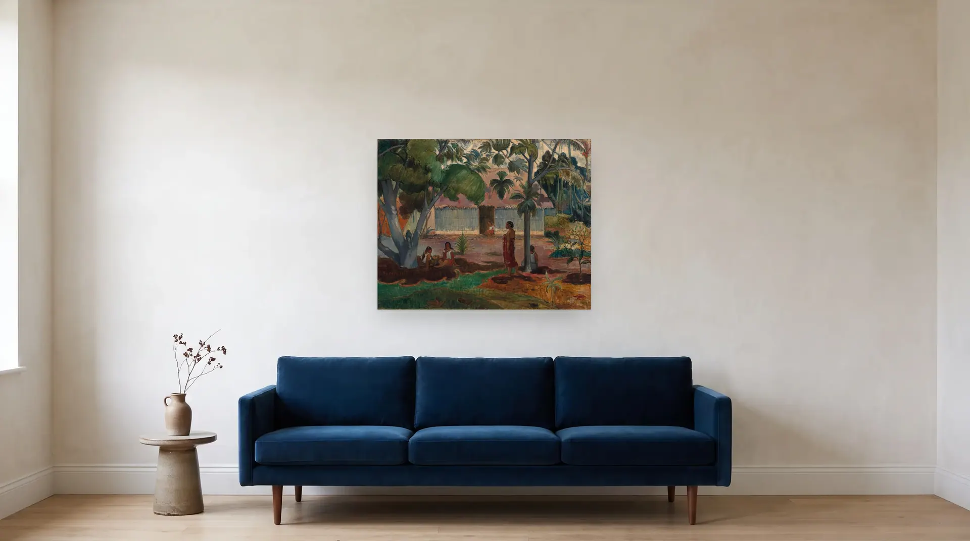 The Large Tree by Paul Gauguin shown at its true size, 36½" × 29", over an 84" sofa