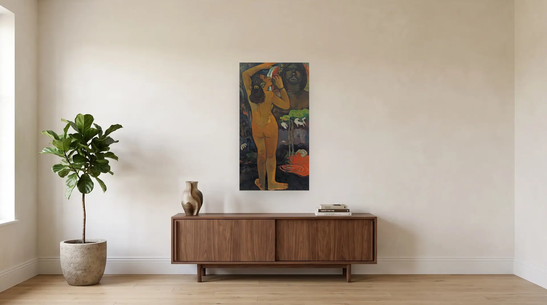 The Moon and the Earth by Paul Gauguin shown at its true size, 24½" × 45", over a 72" sideboard