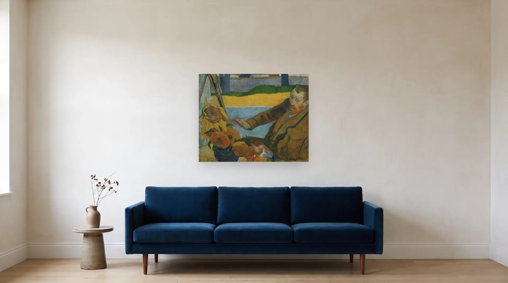 The Painter of Sunflowers by Paul Gauguin shown at its true size, 36" × 28½", over an 84" sofa