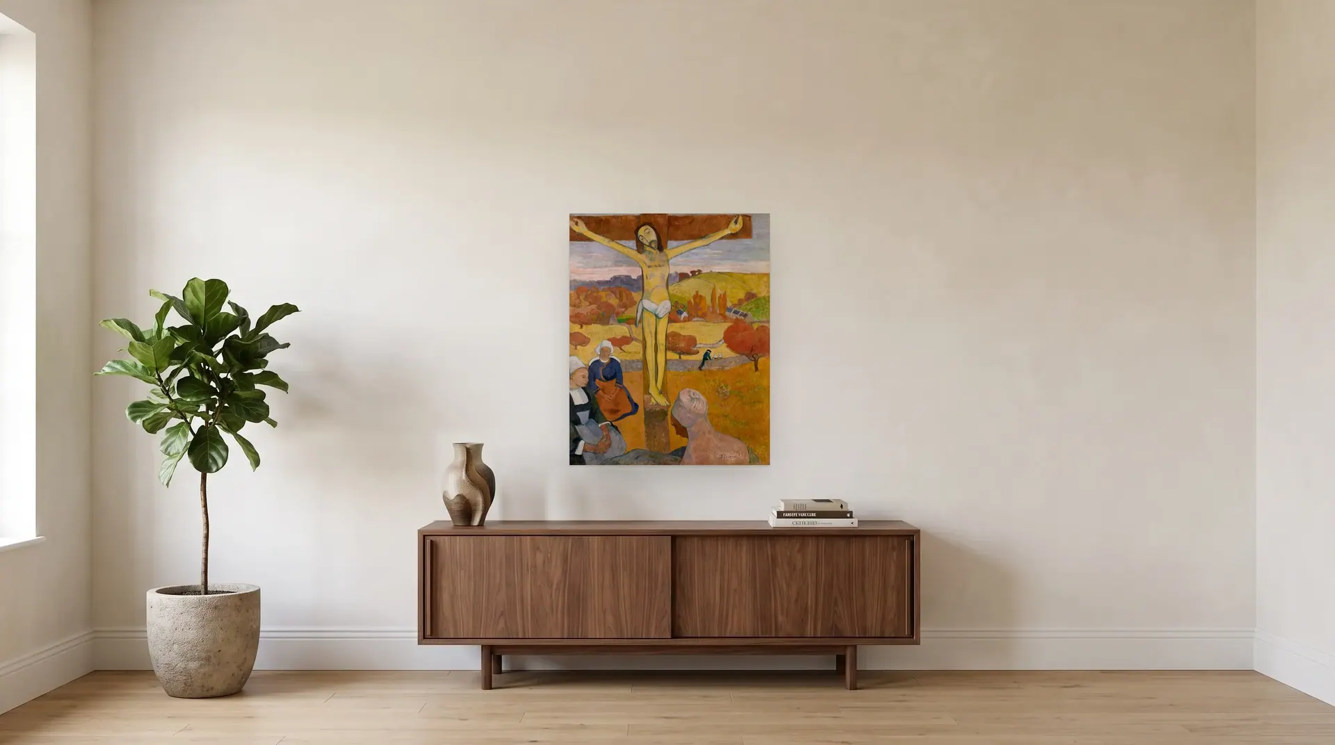 The Yellow Christ by Paul Gauguin shown at its true size, 29" × 36½", over a 72" sideboard