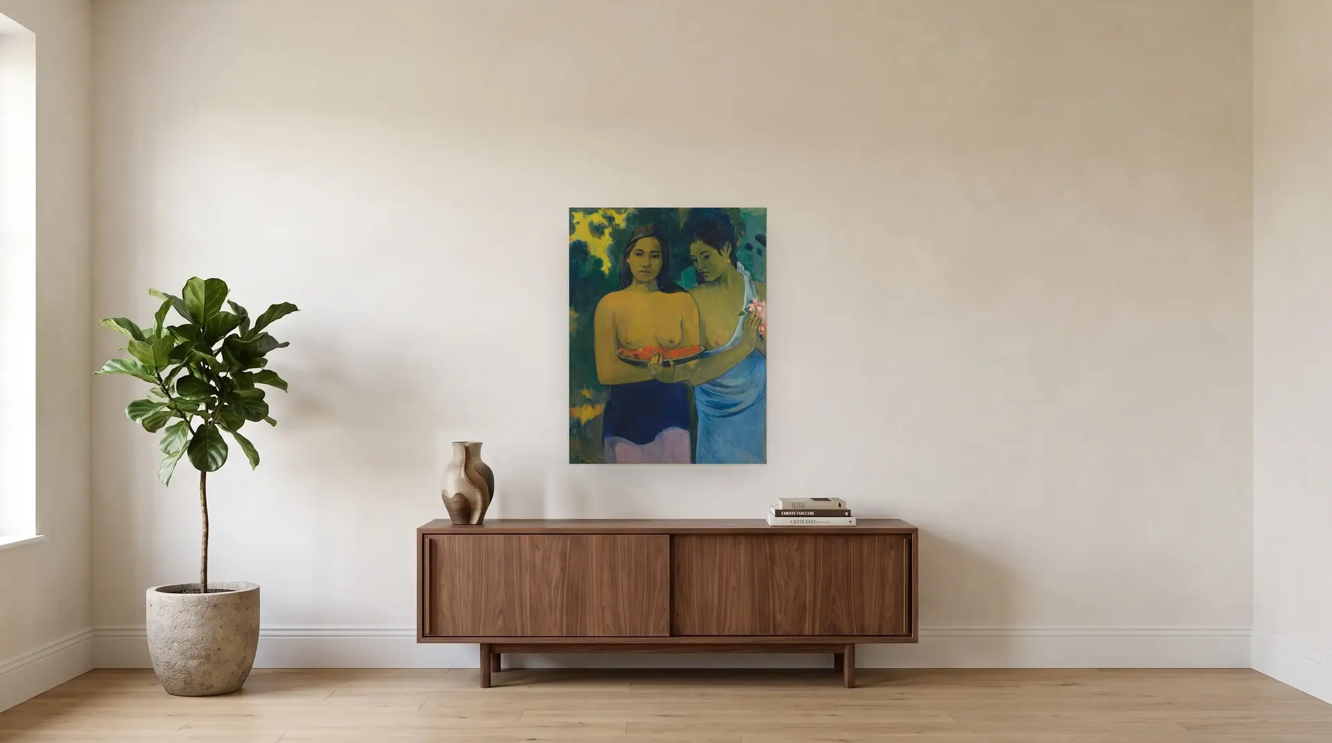 Two Tahitian Women by Paul Gauguin shown at its true size, 28½" × 37", over a 72" sideboard