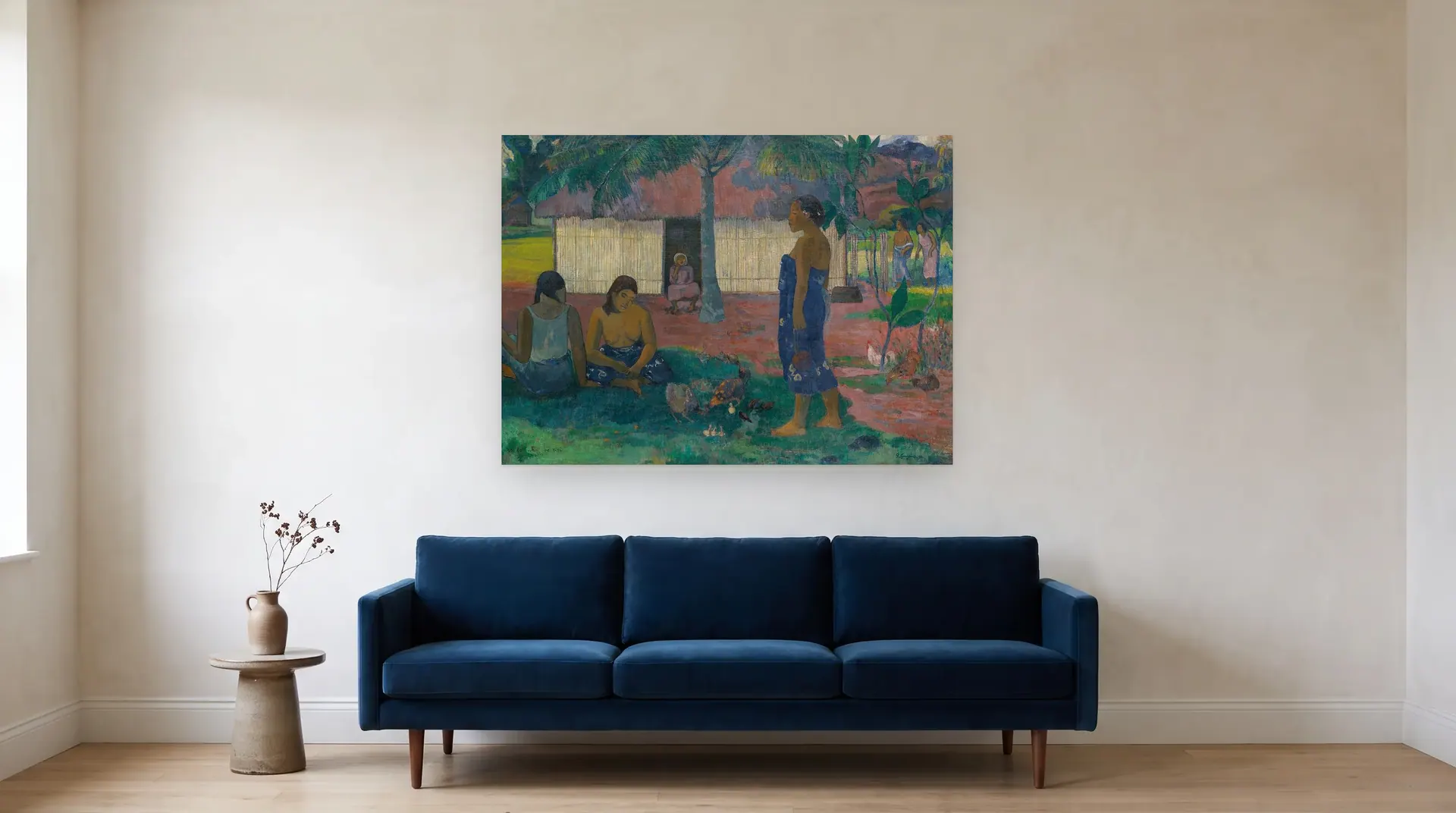 Why Are You Angry? (No Te Aha Oe Riri) by Paul Gauguin shown at its true size, 51½" × 37½", over an 84" sofa