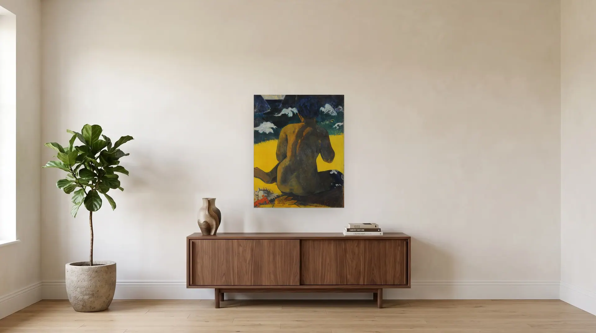 Woman at the beach by Paul Gauguin shown at its true size, 29" × 36½", over a 72" sideboard