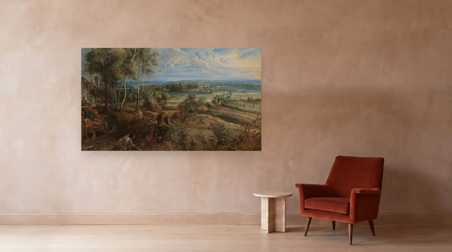A View of Het Steen in the Early Morning by Peter Paul Rubens shown at its true size, 90" × 51½", beside an armchair