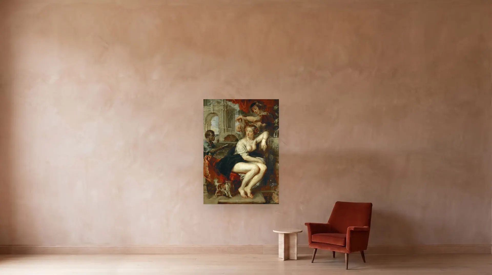 Bathsheba at the Fountain by Peter Paul Rubens shown at its true size, 49½" × 69", beside an armchair