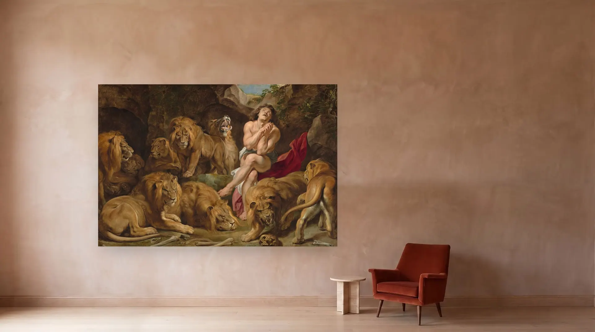 Daniel in the Lions' Den by Peter Paul Rubens shown at its true size, 10 ft 10 in × 7 ft 4 in, beside an armchair