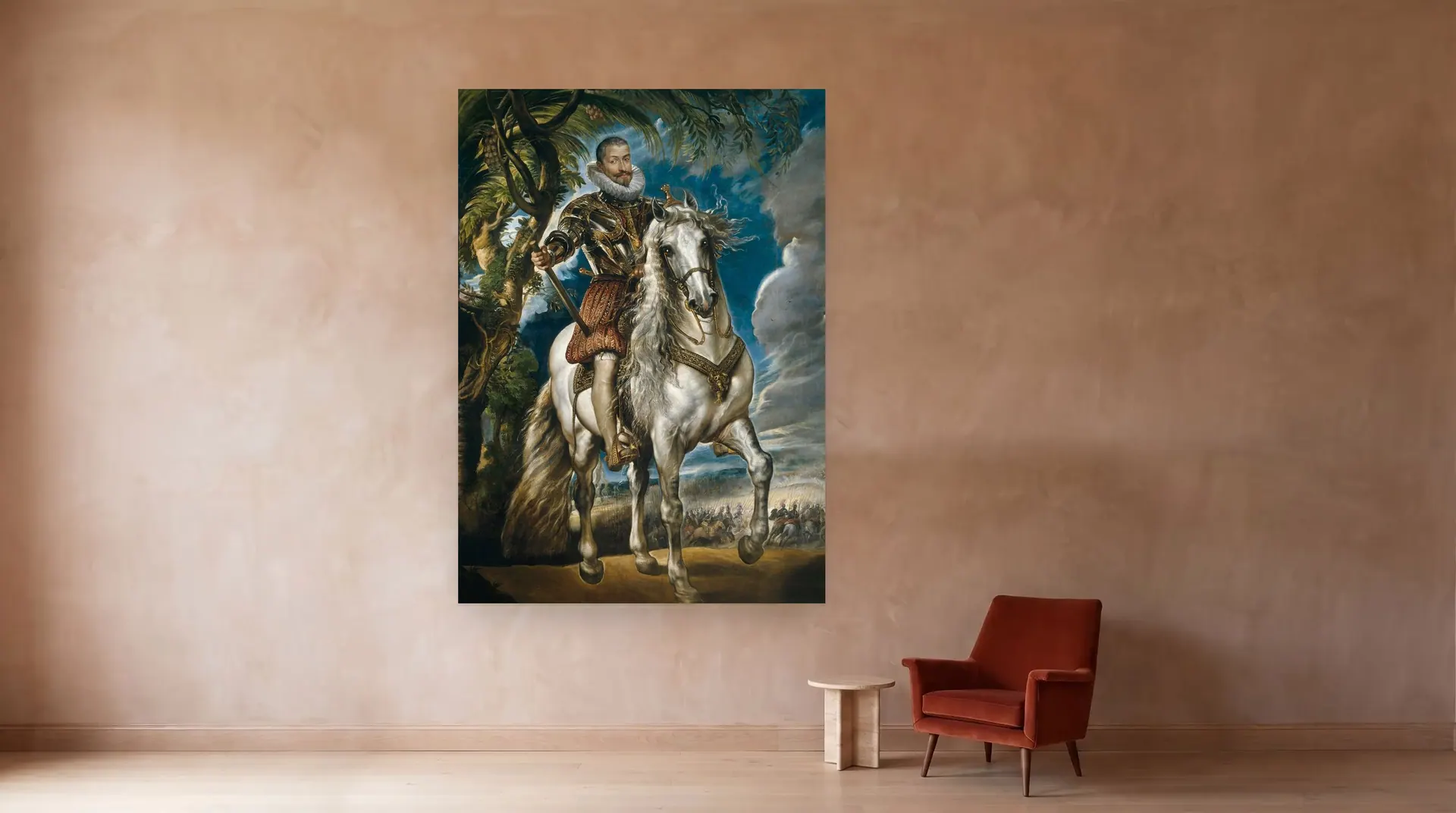 Equestrian portrait of Francisco Gómez de Sandoval-Rojas y Borjas, Duque de Lerma by Peter Paul Rubens shown at its true size, 81½" × 114½", beside an armchair