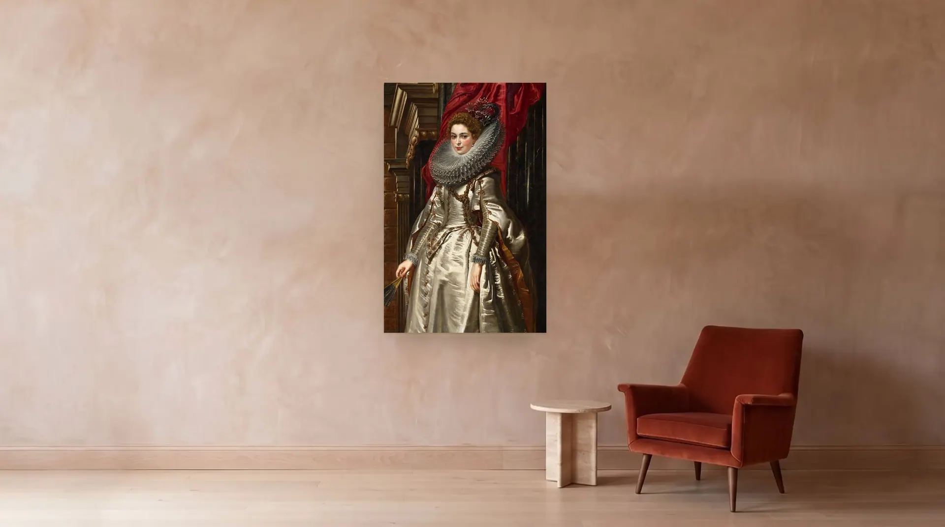 Marchesa Brigida Spinola Doria by Peter Paul Rubens shown at its true size, 39" × 60", beside an armchair