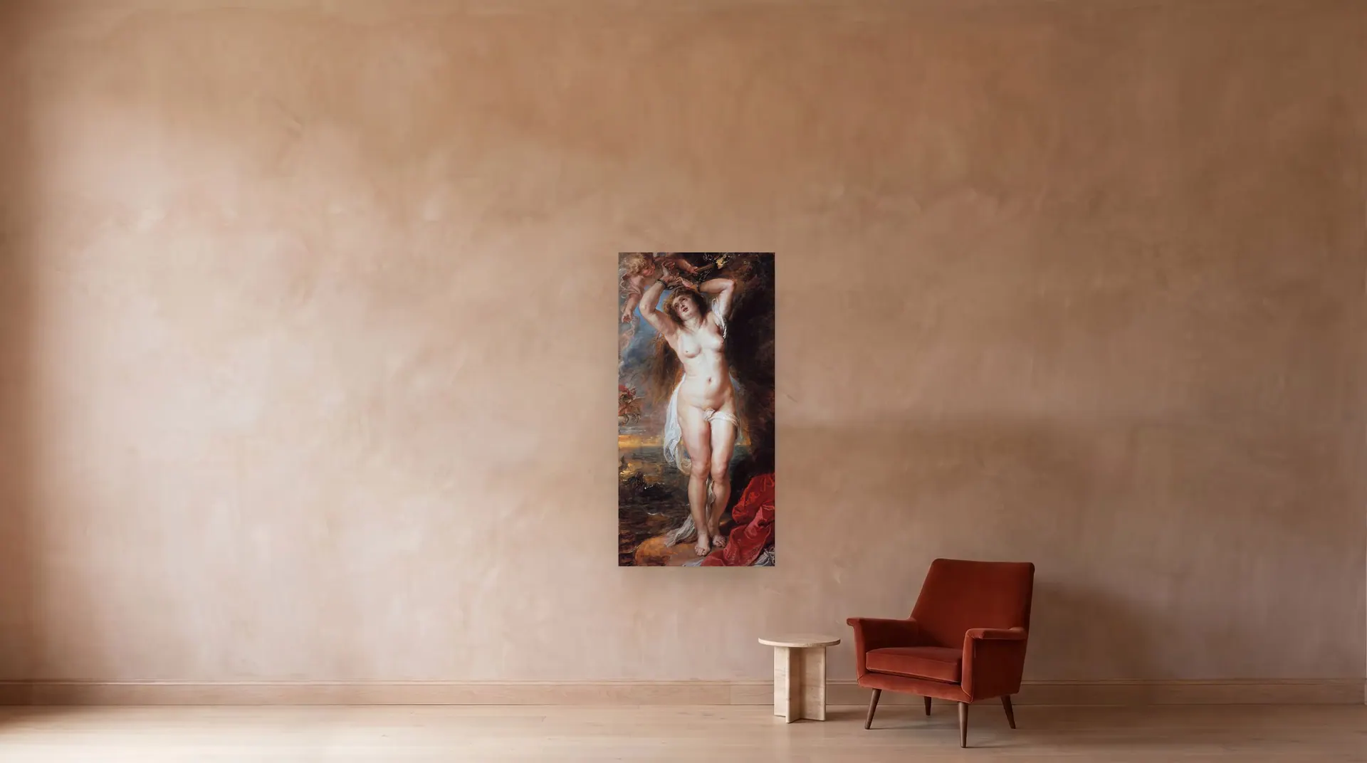 Perseus Freeing Andromeda by Peter Paul Rubens shown at its true size, 37" × 74½", beside an armchair