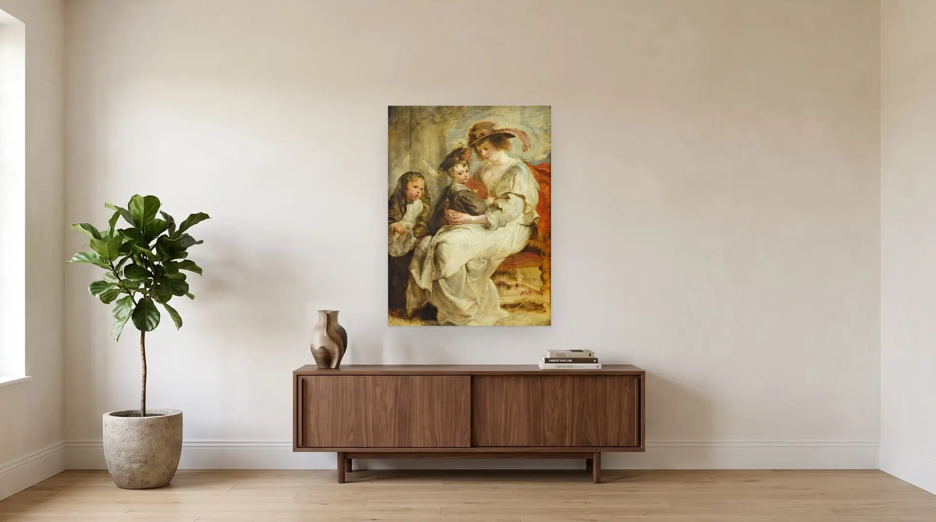 Portrait of Helena Fourment with Clara-Johanna and Frans Rubens by Peter Paul Rubens shown at its true size, 33½" × 45½", over a 72" sideboard