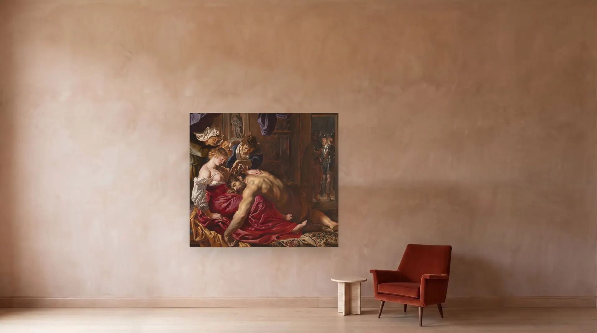 Samson and Delilah by Peter Paul Rubens shown at its true size, 80½" × 73", beside an armchair