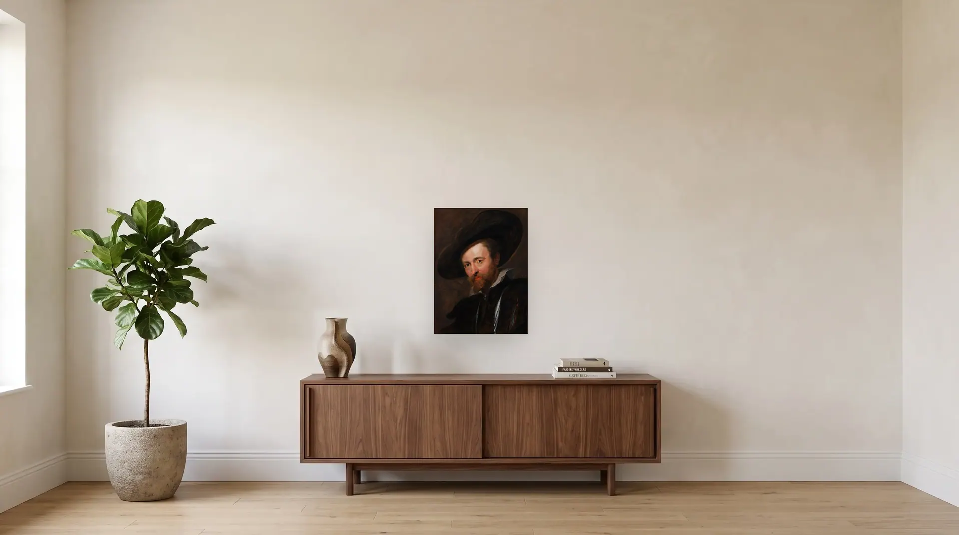 Self-portrait by Peter Paul Rubens shown at its true size, 19" × 25½", over a 72" sideboard