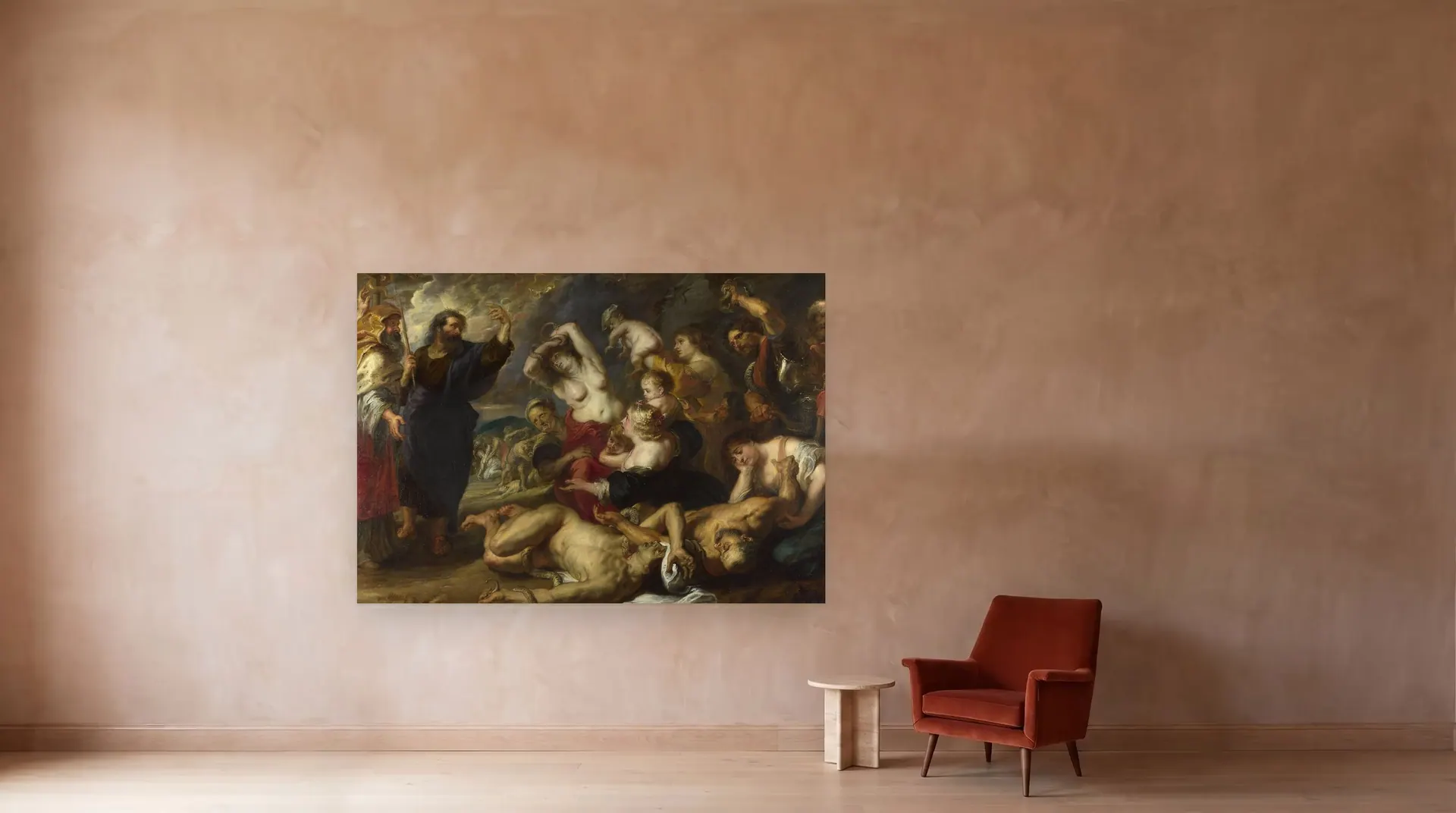 The Brazen Serpent by Peter Paul Rubens shown at its true size, 104" × 73½", beside an armchair