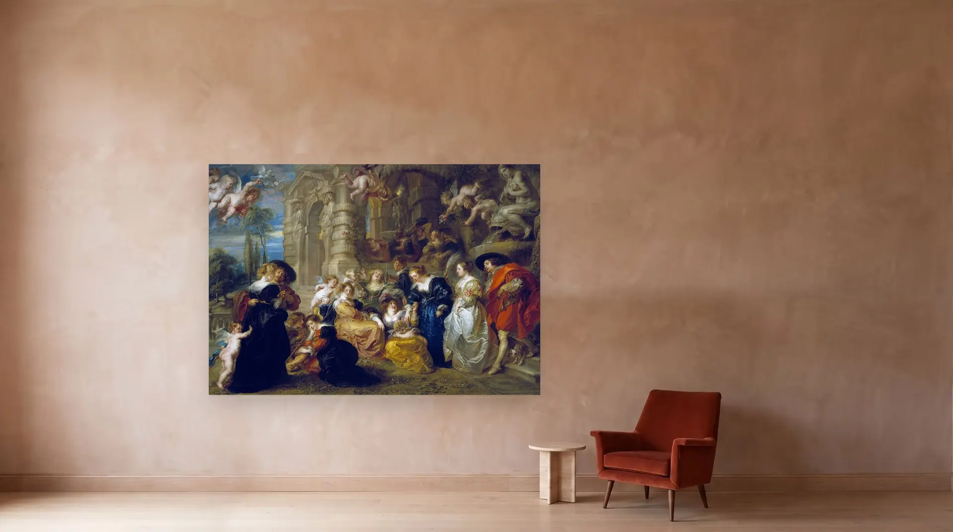 The Garden of Love by Peter Paul Rubens shown at its true size, 112½" × 78½", beside an armchair