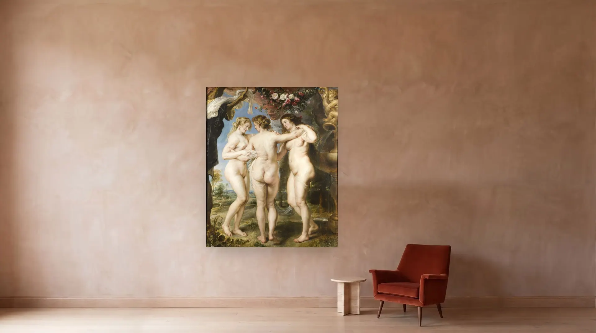 The Three Graces by Peter Paul Rubens shown at its true size, 71½" × 87", beside an armchair