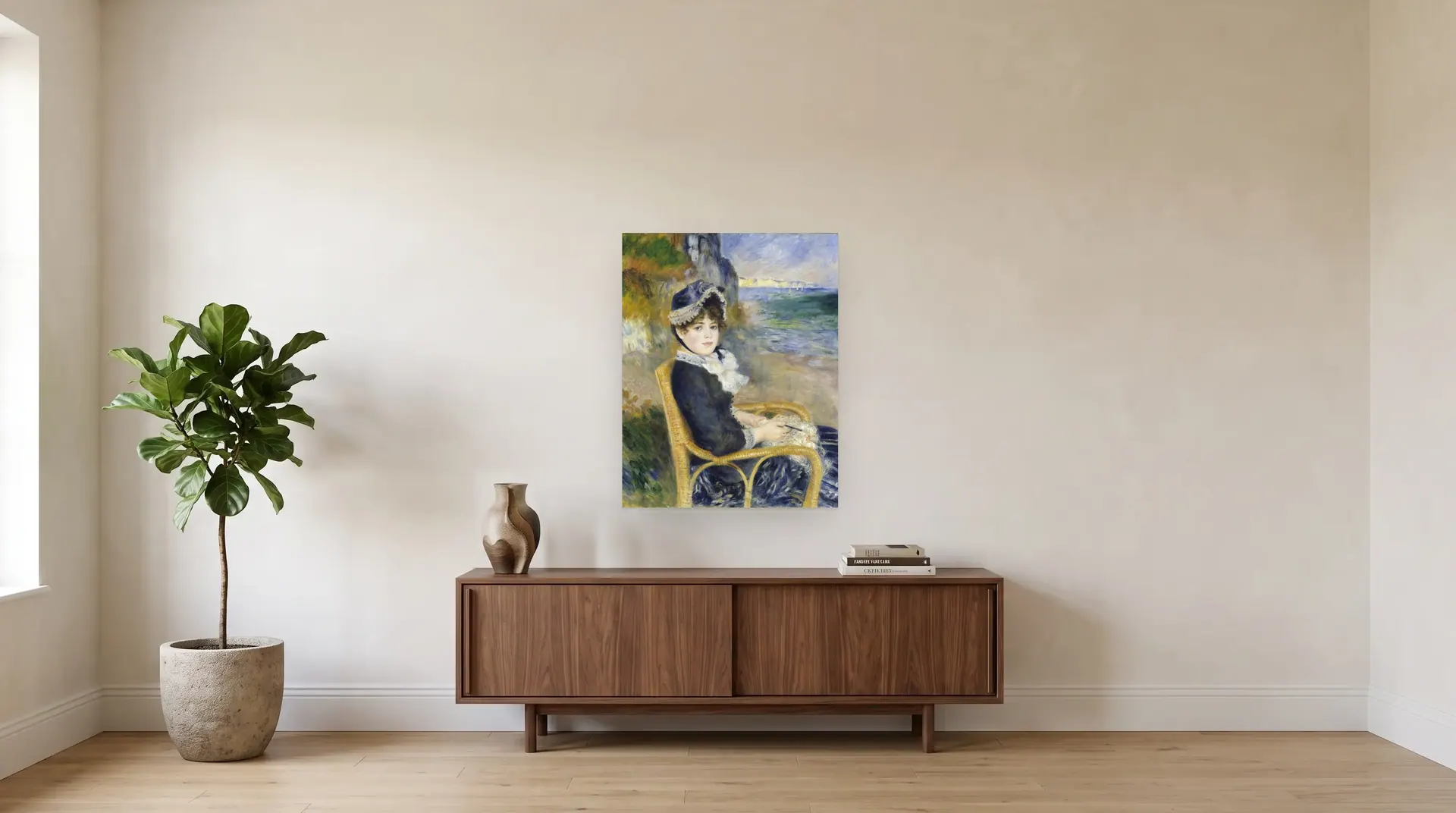 By the Seashore by Pierre-Auguste Renoir shown at its true size, 28½" × 36½", over a 72" sideboard