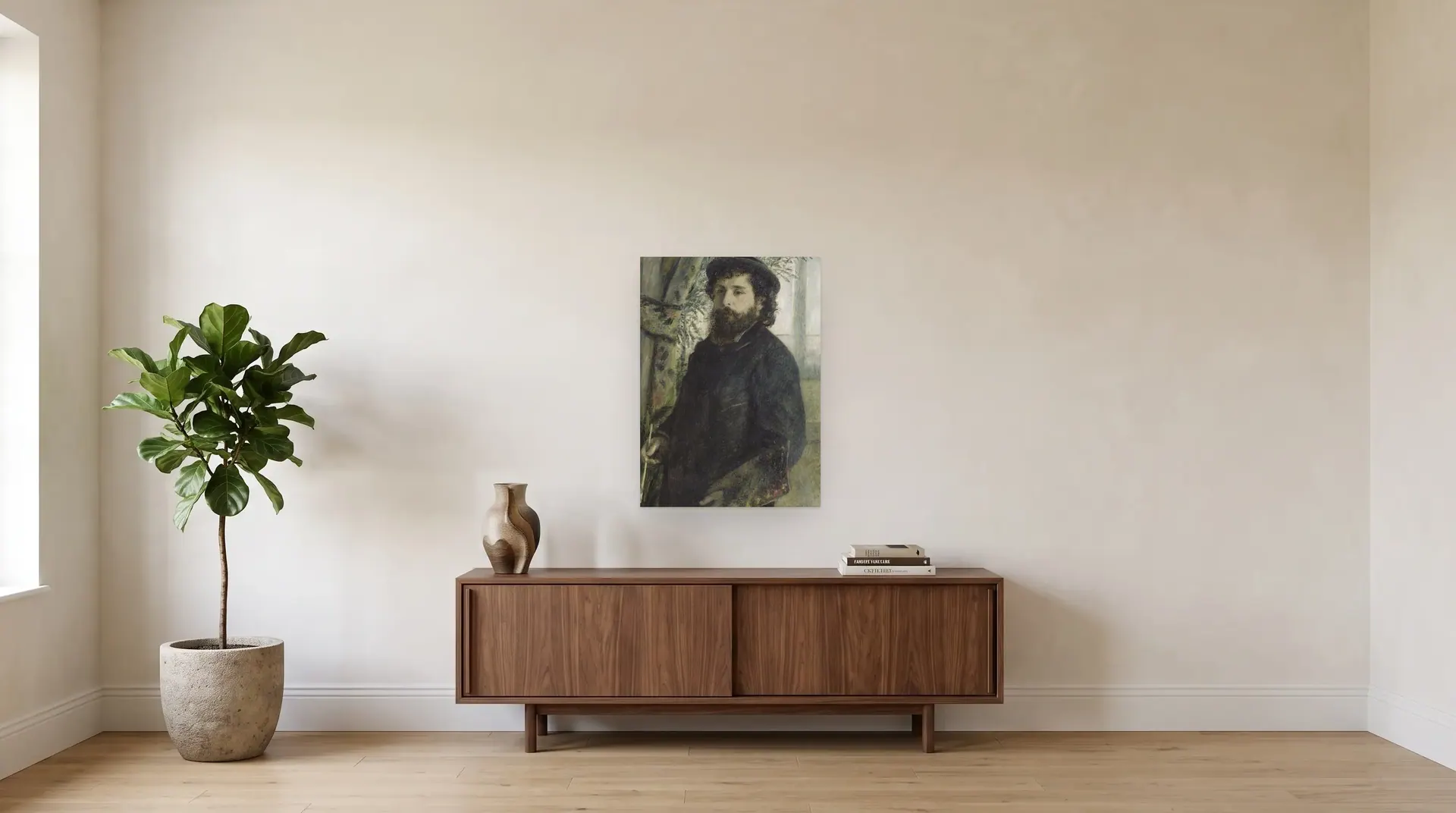 Claude Monet by Pierre-Auguste Renoir shown at its true size, 24" × 33", over a 72" sideboard