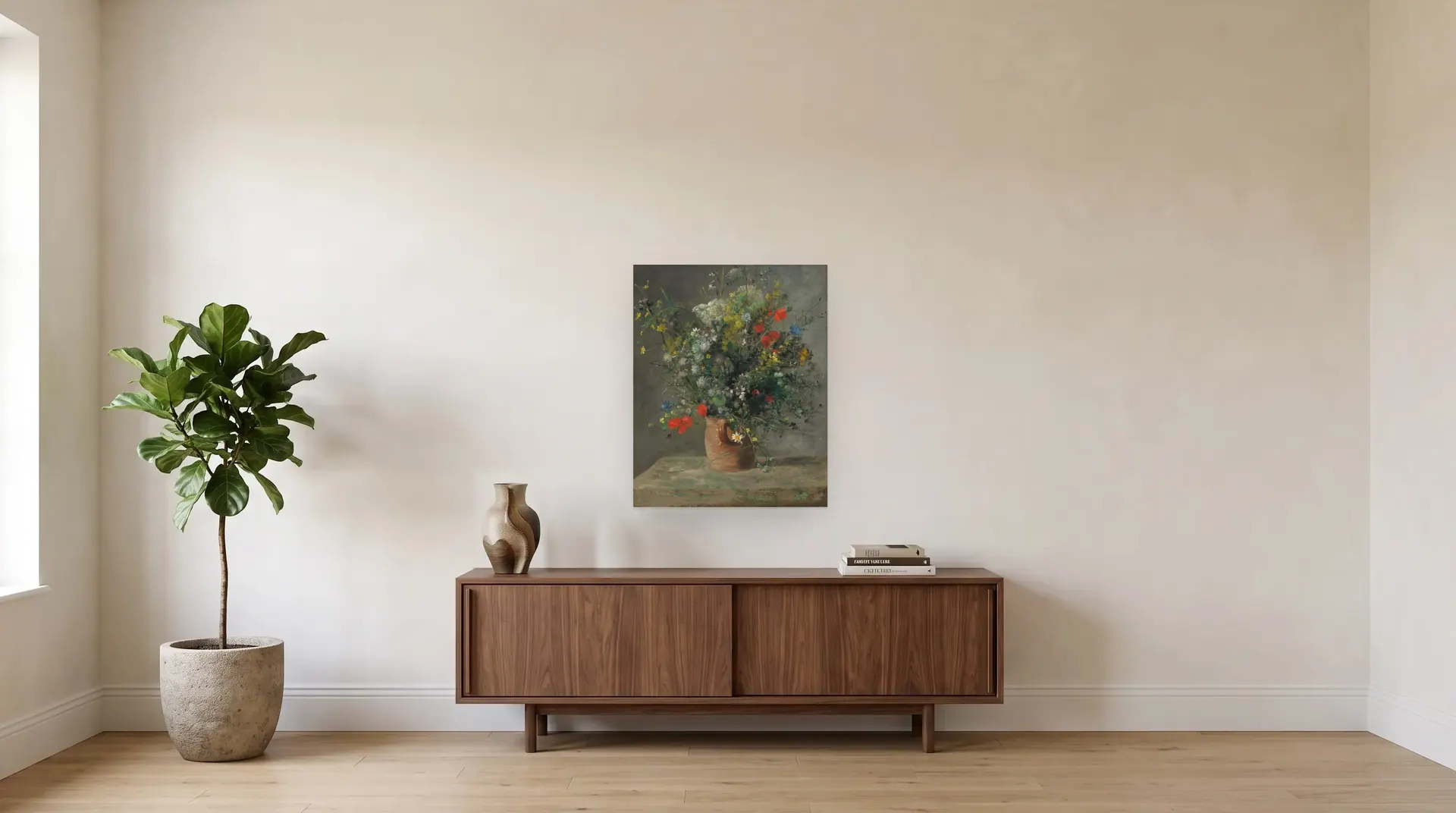 Flowers in a Vase by Pierre-Auguste Renoir shown at its true size, 25½" × 32", over a 72" sideboard