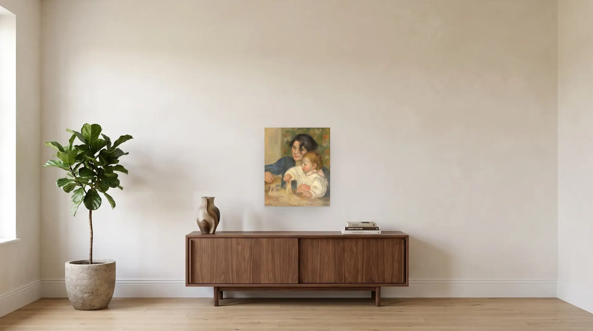 Gabrielle and Jean by Pierre-Auguste Renoir shown at its true size, 21½" × 25½", over a 72" sideboard