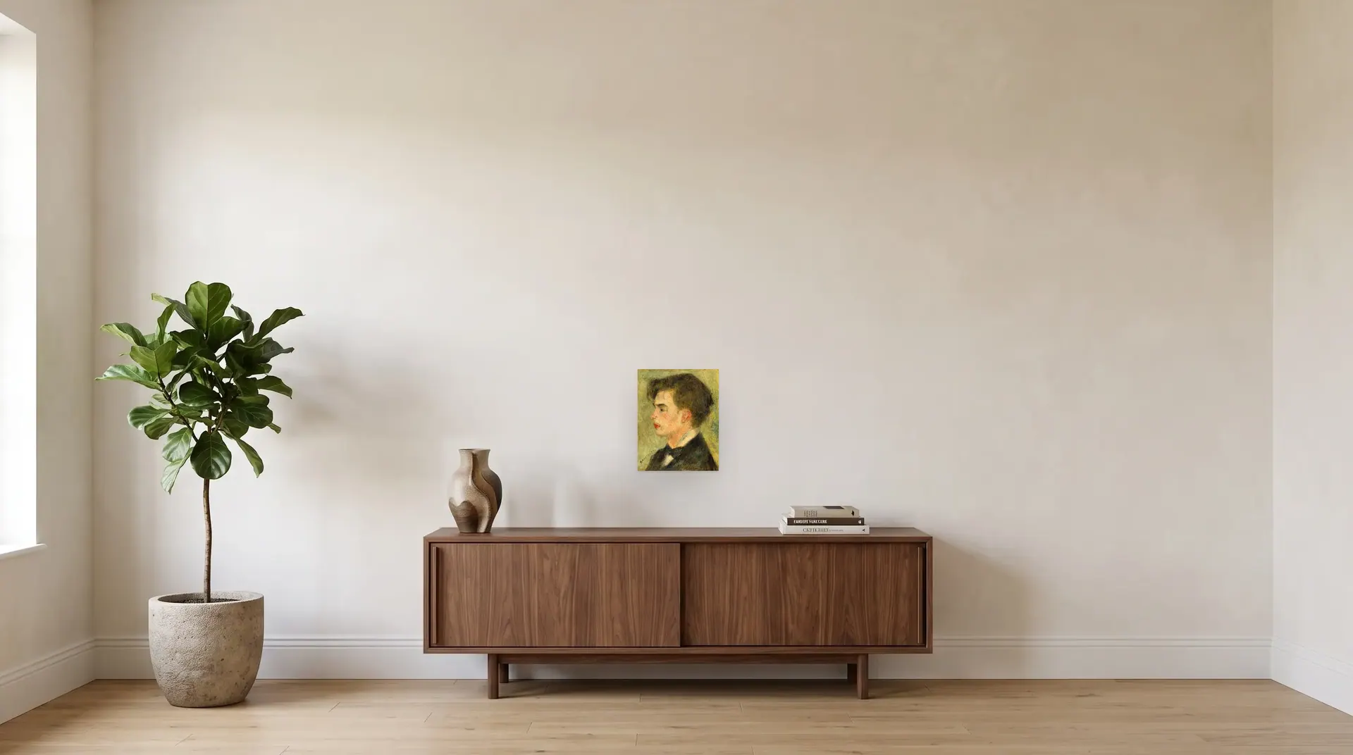 Georges Rivière by Pierre-Auguste Renoir shown at its true size, 11½" × 14½", over a 72" sideboard