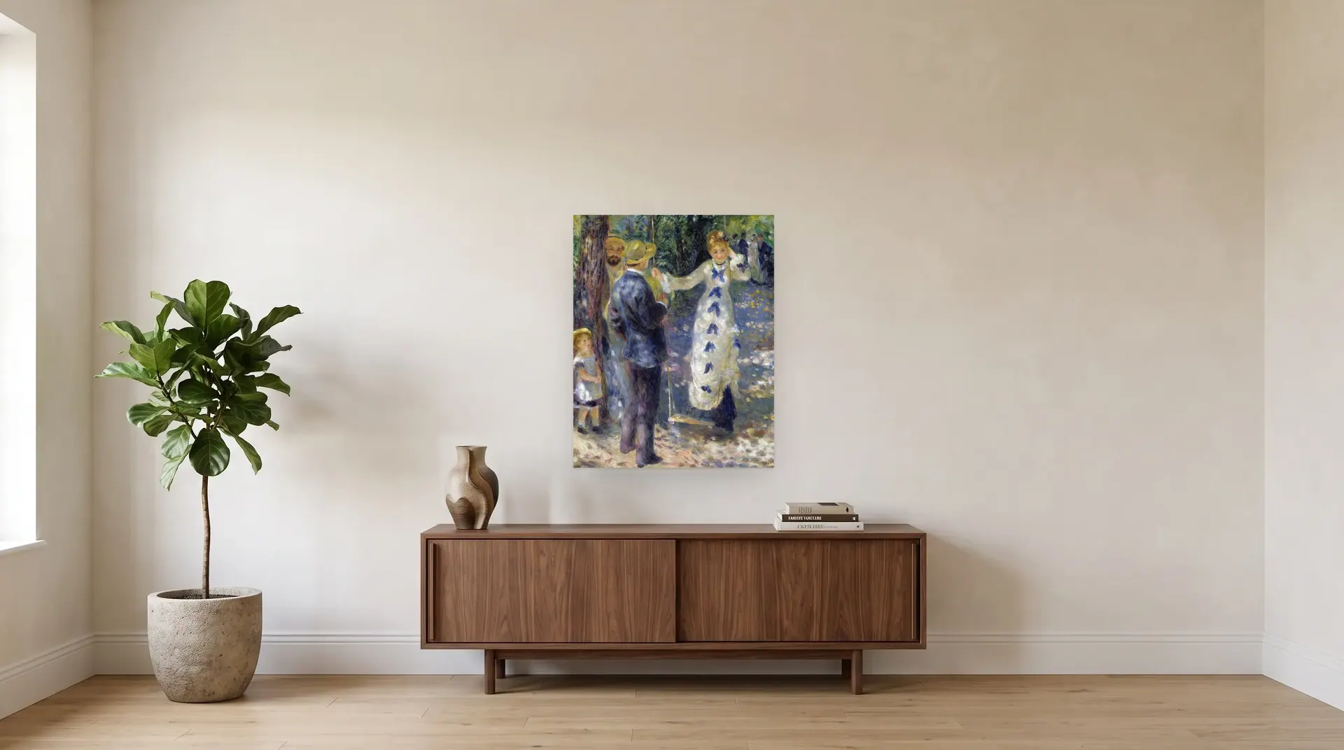 La Balançoire by Pierre-Auguste Renoir shown at its true size, 28½" × 36", over a 72" sideboard