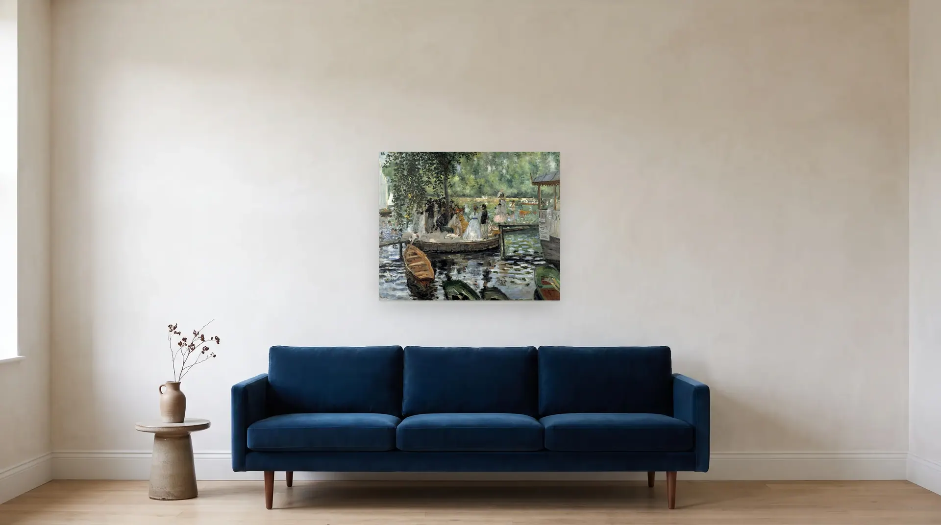 La Grenouillère by Pierre-Auguste Renoir shown at its true size, 32" × 26", over an 84" sofa
