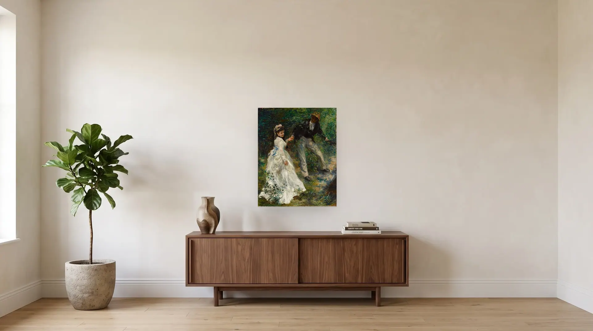 La Promenade by Pierre-Auguste Renoir shown at its true size, 25½" × 32", over a 72" sideboard