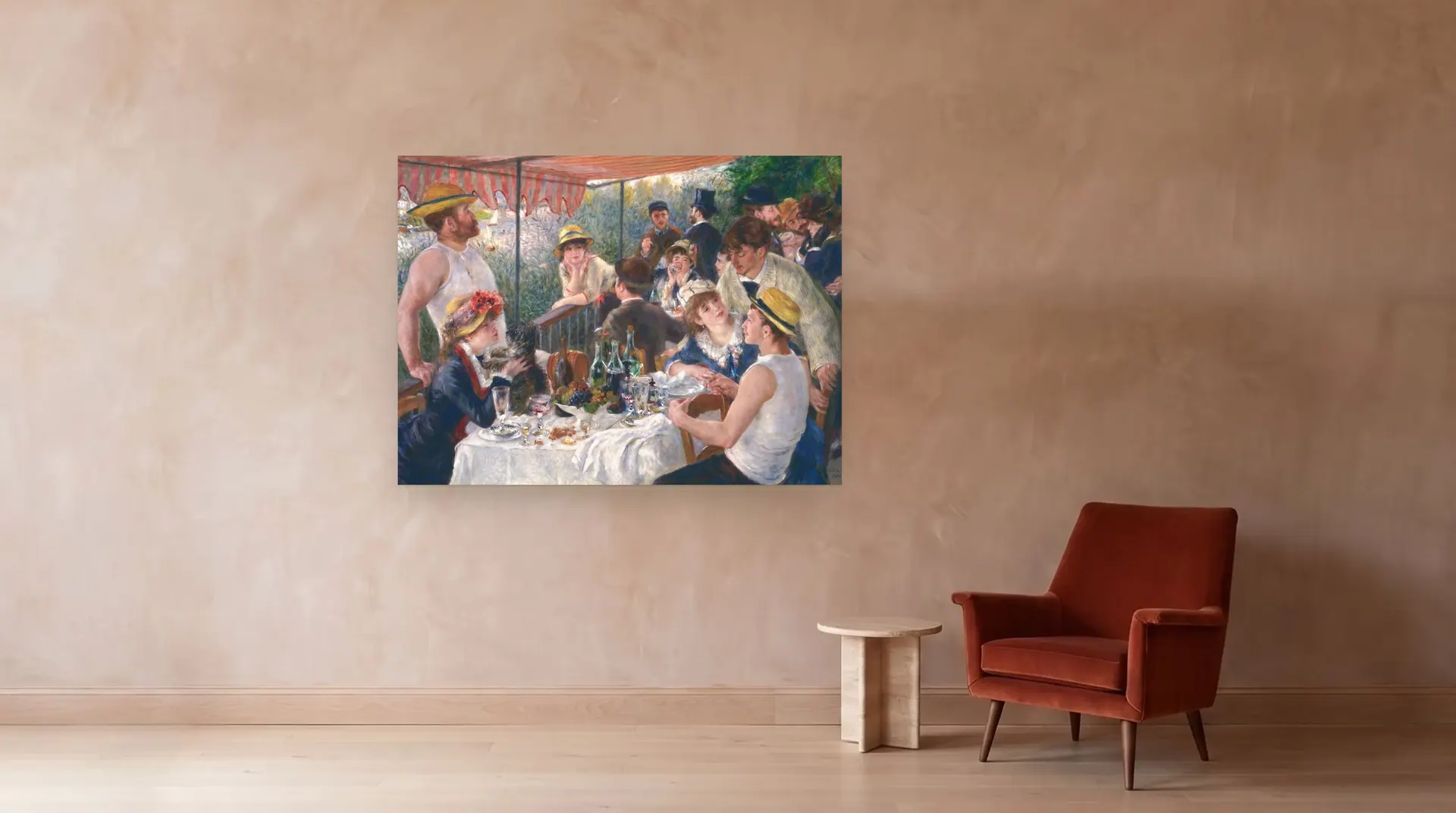 Luncheon of the Boating Party by Pierre-Auguste Renoir shown at its true size, 69" × 51½", beside an armchair