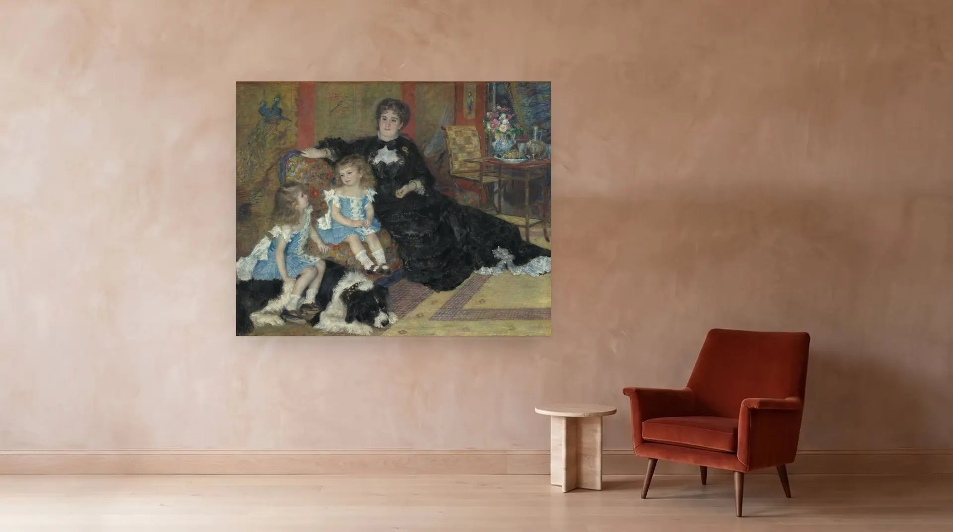 Madame Georges Charpentier and Her Children, Georgette-Berthe and Paul-Émile-Charles by Pierre-Auguste Renoir shown at its true size, 75" × 60½", beside an armchair